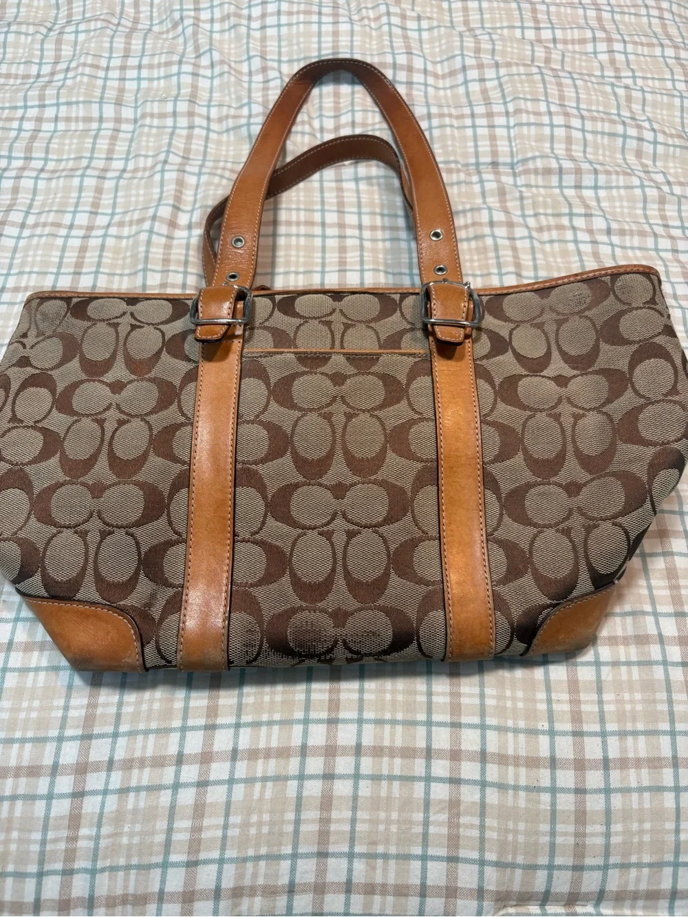 Coach 6042 Signature Canvas Tote Bag Brown Tan Monogram Leather Straps Purse